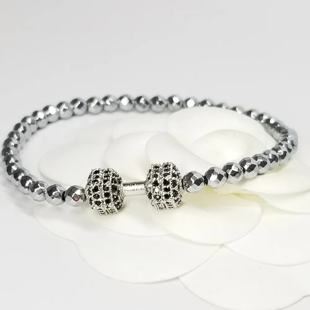 @mrsmarsden 4pc x Dumbbell Pave CZ Hematite Stretch Bracelet NEW - Picture 4 of 6